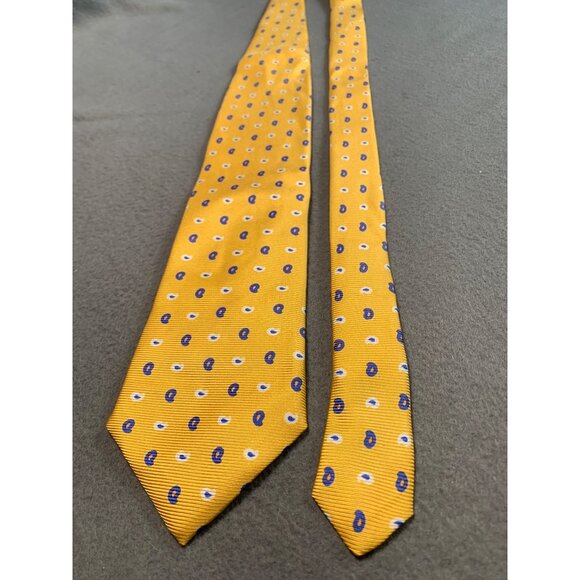 Lands End Mens Yellow Silk Tie Necktie Blue Paisley Dot Made in USA - Picture 4 of 4